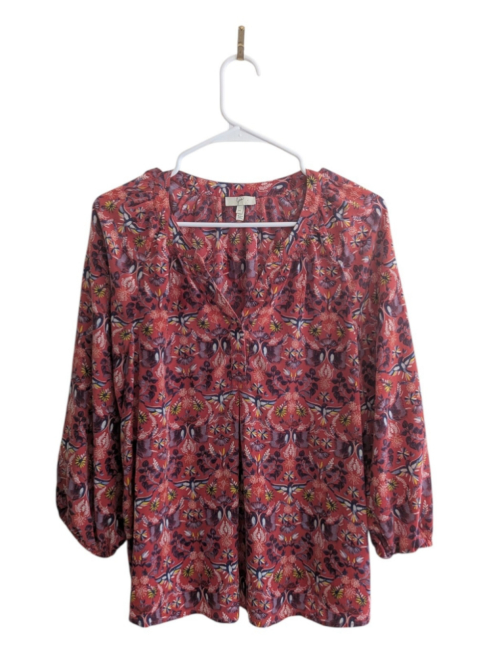 Joie 100% Silk Floral Boho Blouse Red Multicolor Peasant Top Size M - Picture 2 of 6
